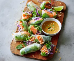 Delicious salmon fresh spring rolls with vibrant vegetables and peanut sauce served on a white plate.