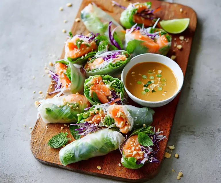Salmon Fresh Spring Rolls With Peanut Sauce