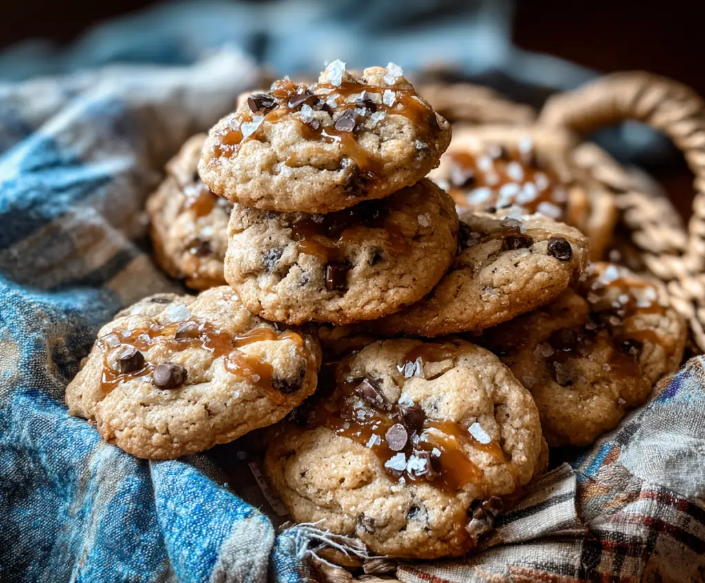 Delicious salted caramel sourdough discard cookies on a plate with a golden crust and gooey caramel center.