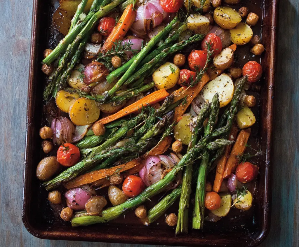 Colorful sheet pan spring vegetables with fresh asparagus, cherry tomatoes, and bell peppers, roasted to perfection.