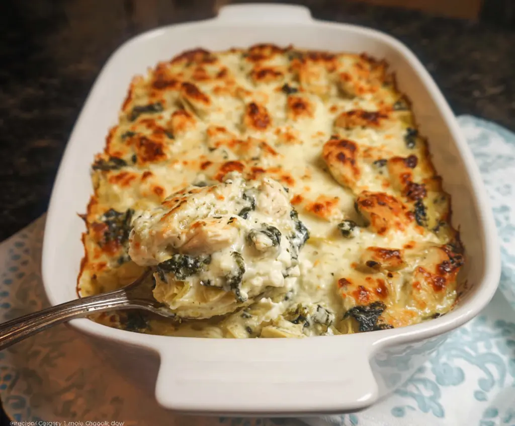 Delicious Spinach Artichoke Chicken Casserole in a baking dish, garnished with herbs