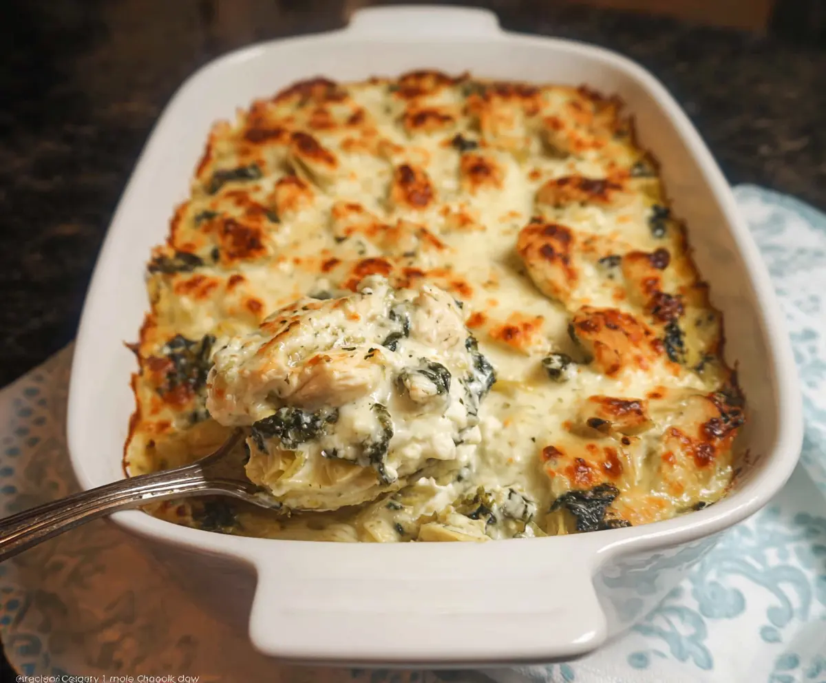 Delicious Spinach Artichoke Chicken Casserole in a baking dish, garnished with herbs