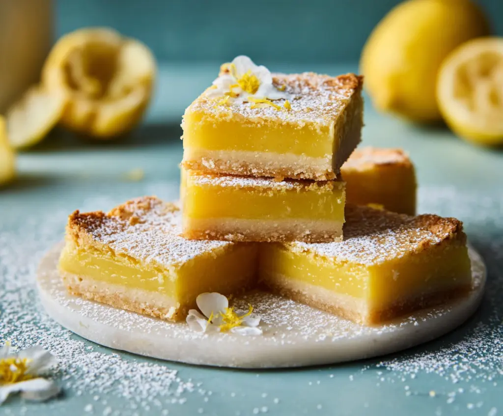 Delicious Spring Lemon Bars with a zesty lemon glaze and powdered sugar topping