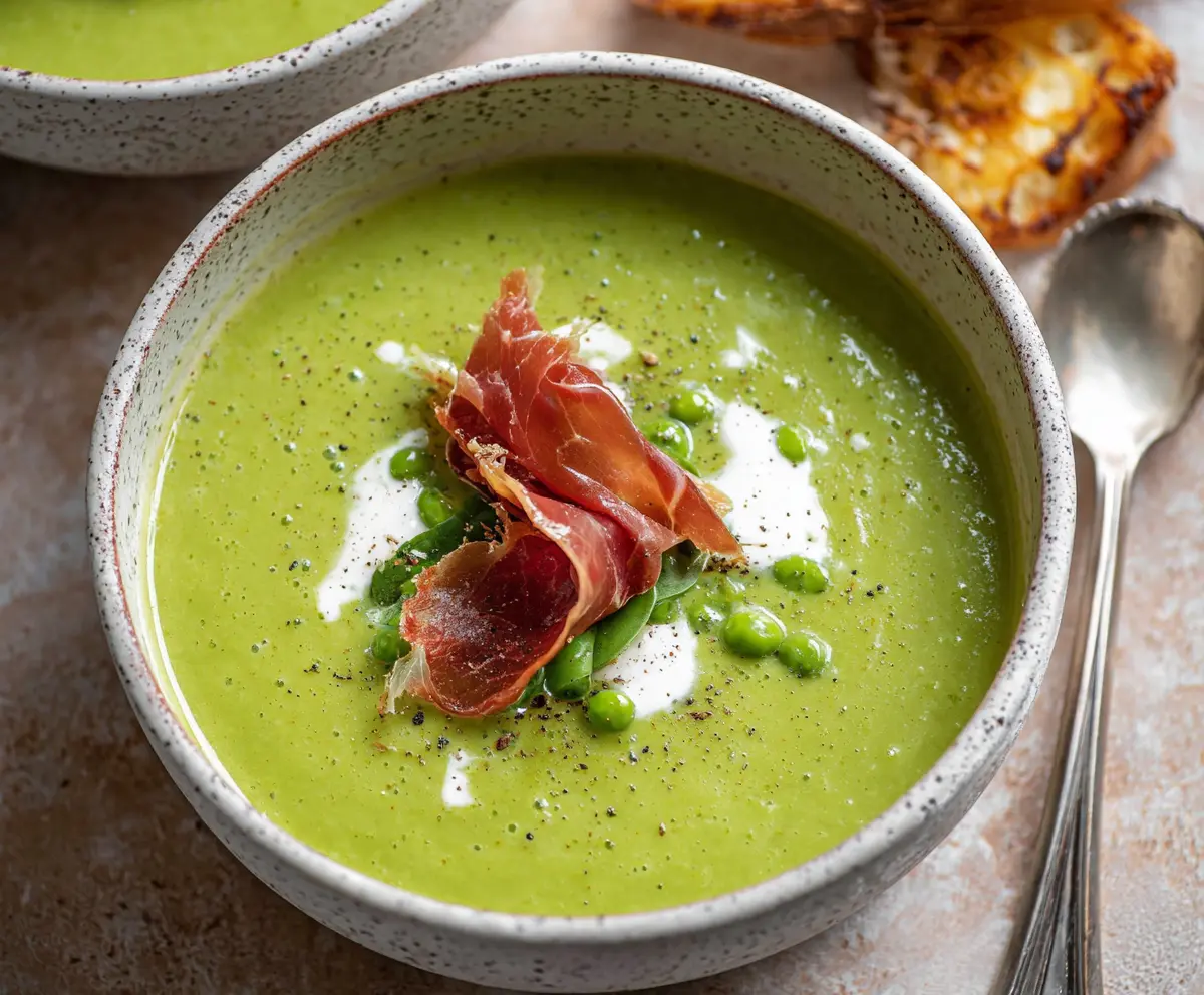 Delicious spring pea soup garnished with crispy prosciutto for a flavorful appetizer.