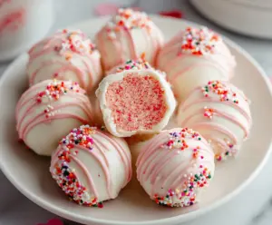 Delicious strawberry cake balls coated in chocolate, perfect for dessert and party treats.