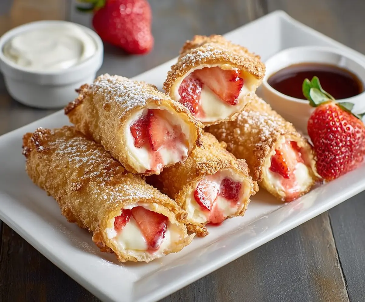 Delicious strawberry cheesecake egg rolls with creamy filling and crispy exterior, perfect for dessert.