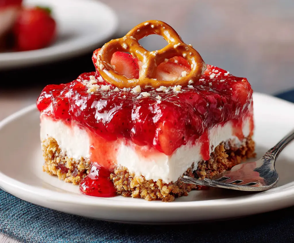 Delicious Strawberry Pretzel Dessert with fresh strawberries and whipped topping on a serving plate