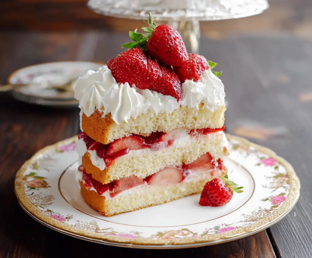 Delicious strawberry shortcake with fresh strawberries and whipped cream on a decorative plate