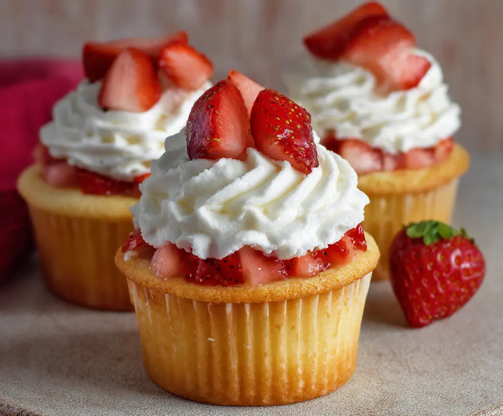 Delicious strawberry shortcake cupcakes topped with fresh strawberries and whipped cream.