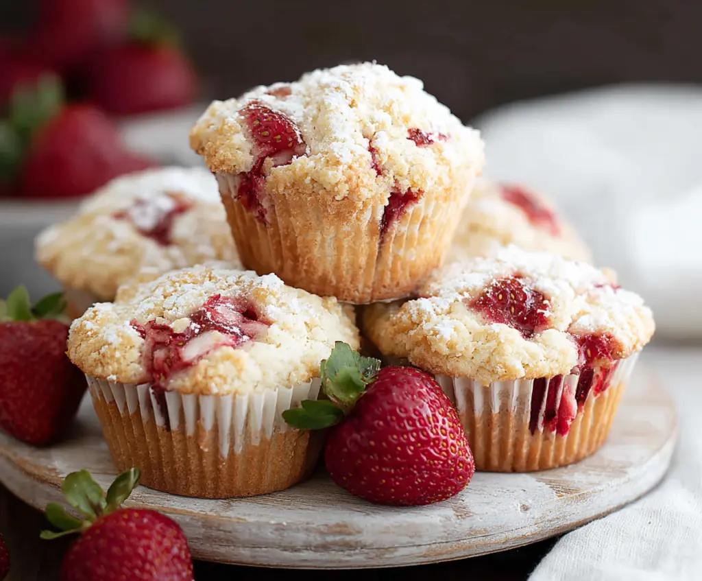 Delicious strawberry shortcake muffins topped with fresh strawberries and whipped cream.