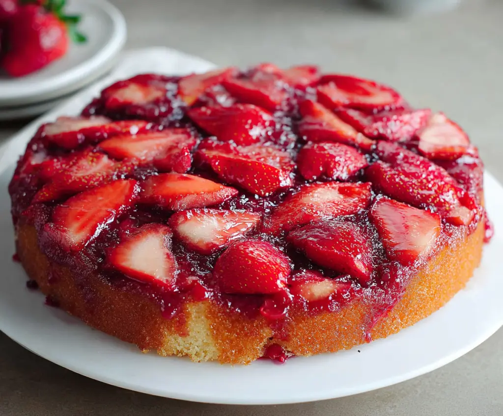 Delicious strawberry upside down cake with fresh fruit and caramelized pineapple topping.
