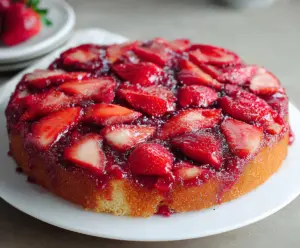Delicious strawberry upside down cake with fresh fruit and caramelized pineapple topping.