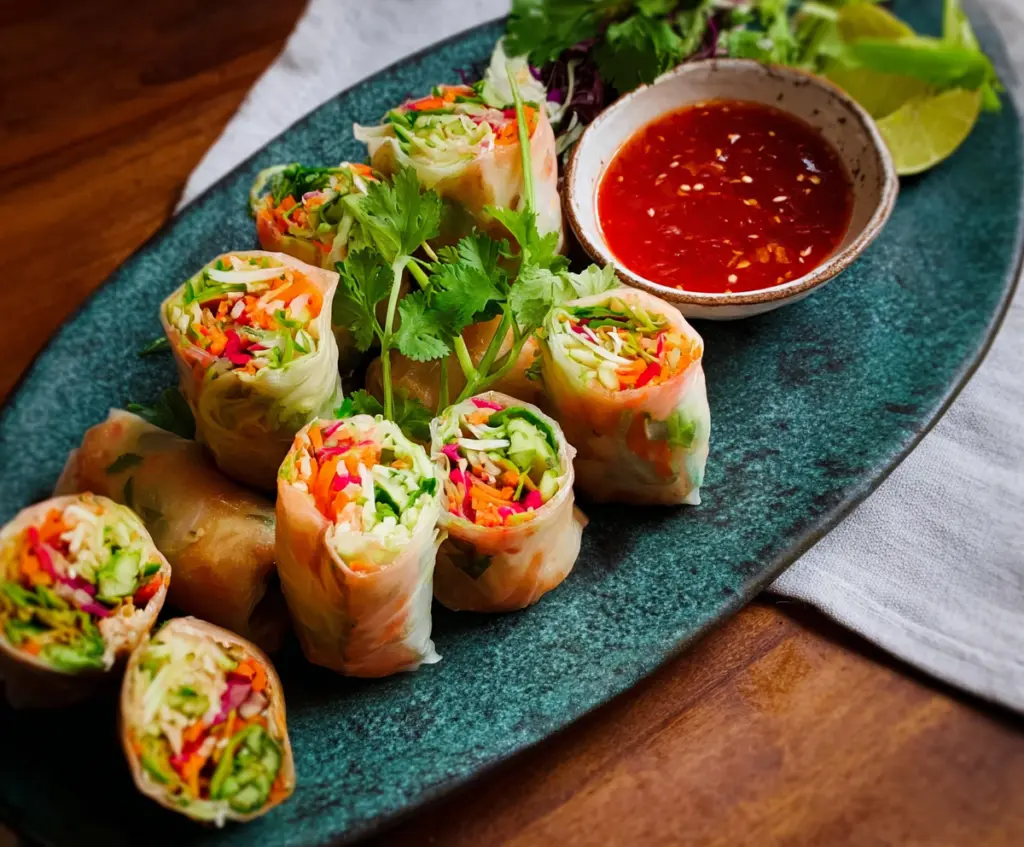 Fresh Thai Vegetable Spring Rolls with colorful vegetables and rice paper, served with dipping sauce.