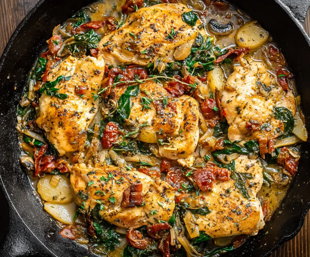 Delicious Tuscan Chicken Skillet with creamy sauce and fresh herbs on a plate.