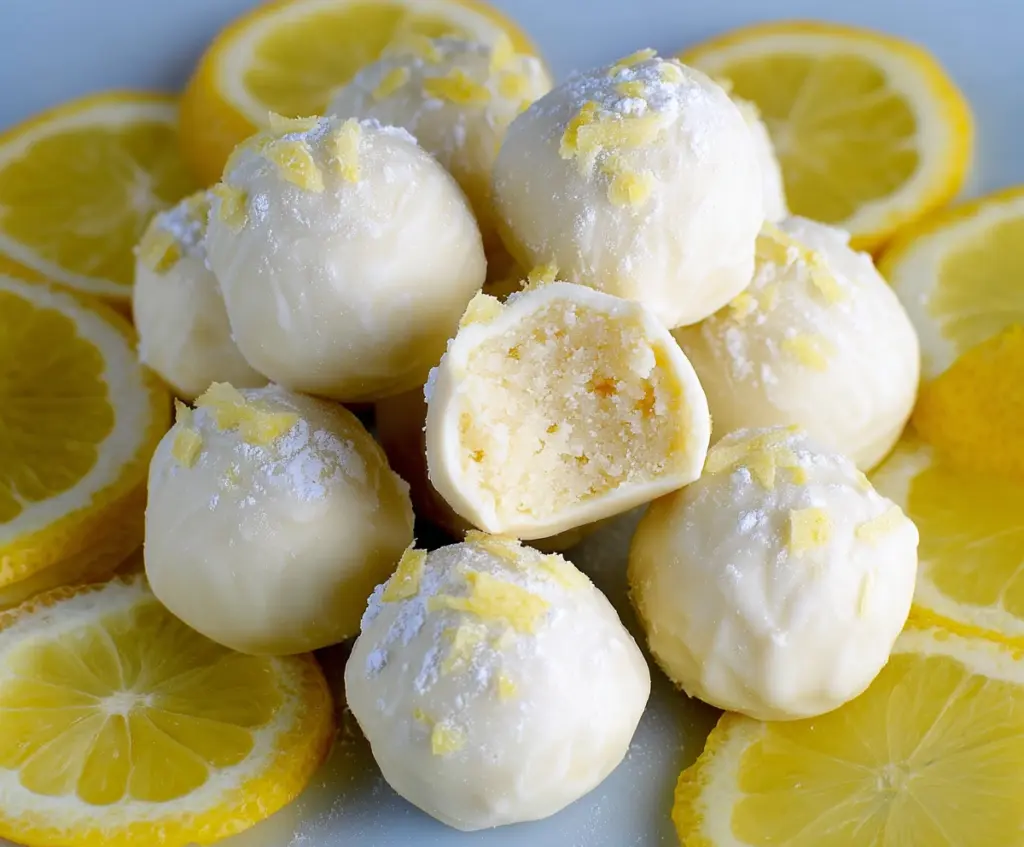 Delicious white chocolate lemon truffles arranged on a plate for a sweet treat.