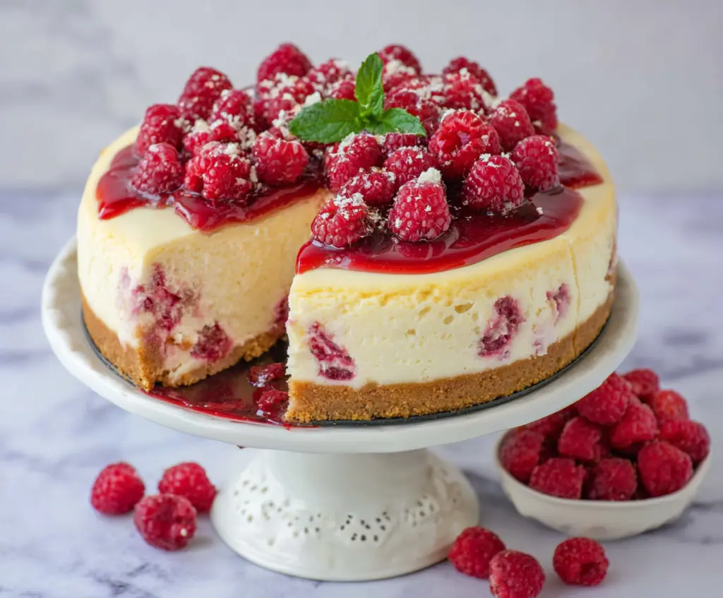 Delicious White Chocolate Raspberry Cheesecake garnished with fresh raspberries and white chocolate shavings.