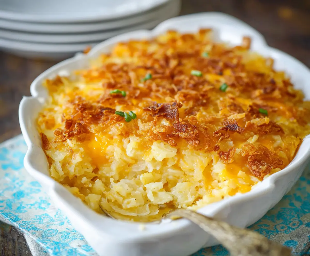 Delicious cheesy hashbrown casserole topped with melted cheese and crispy edges