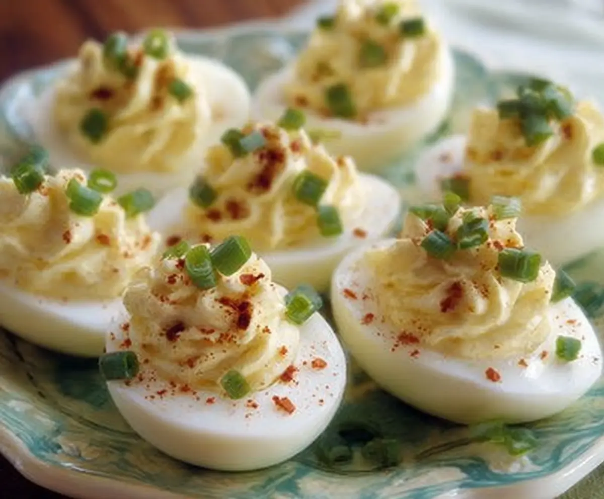 Cream cheese deviled eggs garnished with paprika and chives on a white plate.
