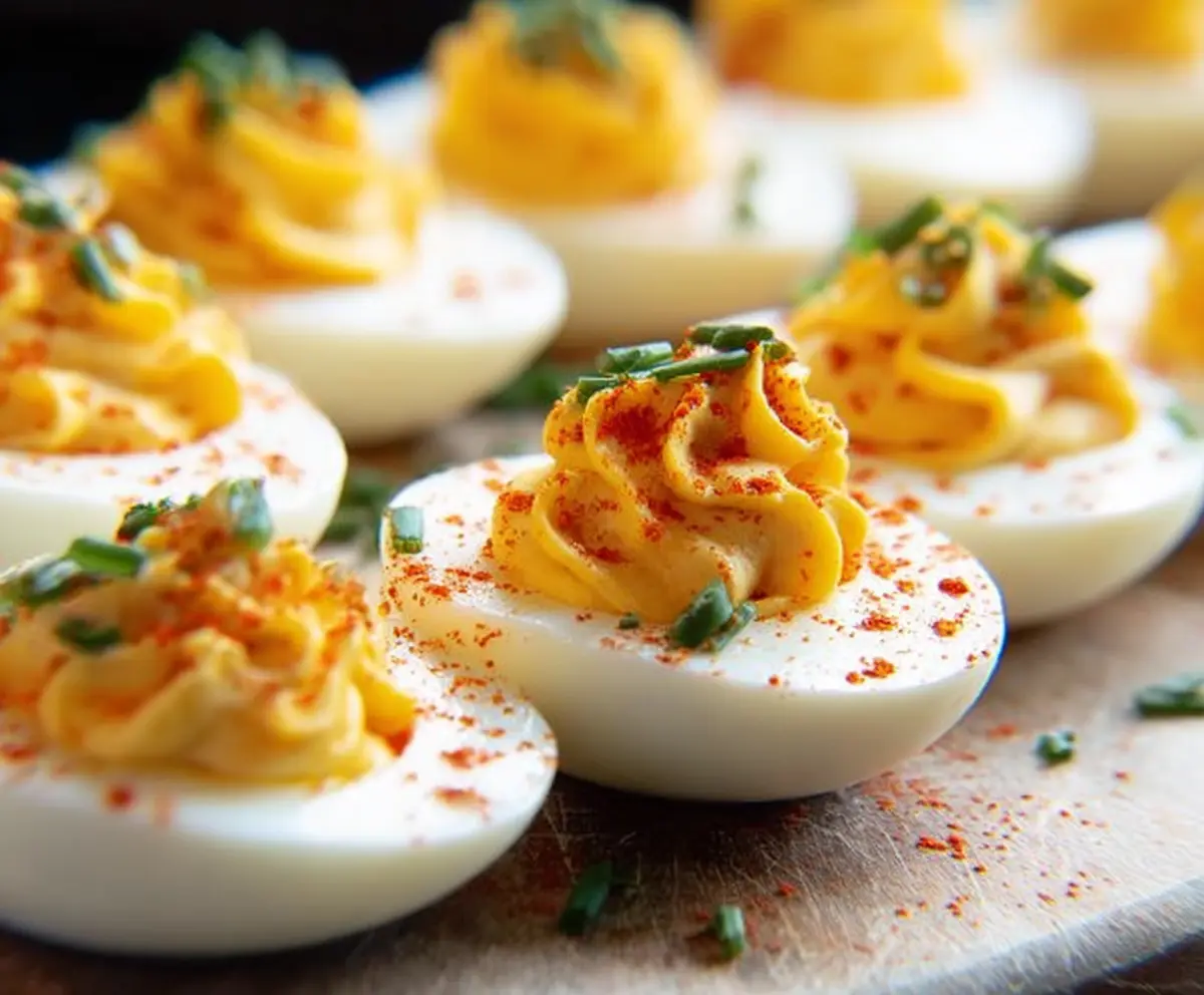 Creamy deviled eggs garnished with paprika and fresh herbs on a white plate.