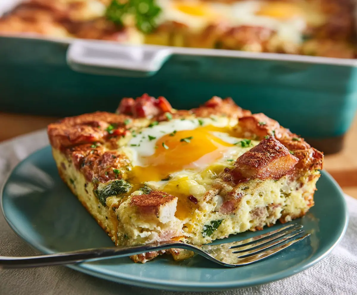 Delicious Easter Breakfast Casserole with eggs, cheese, and ham in a baking dish