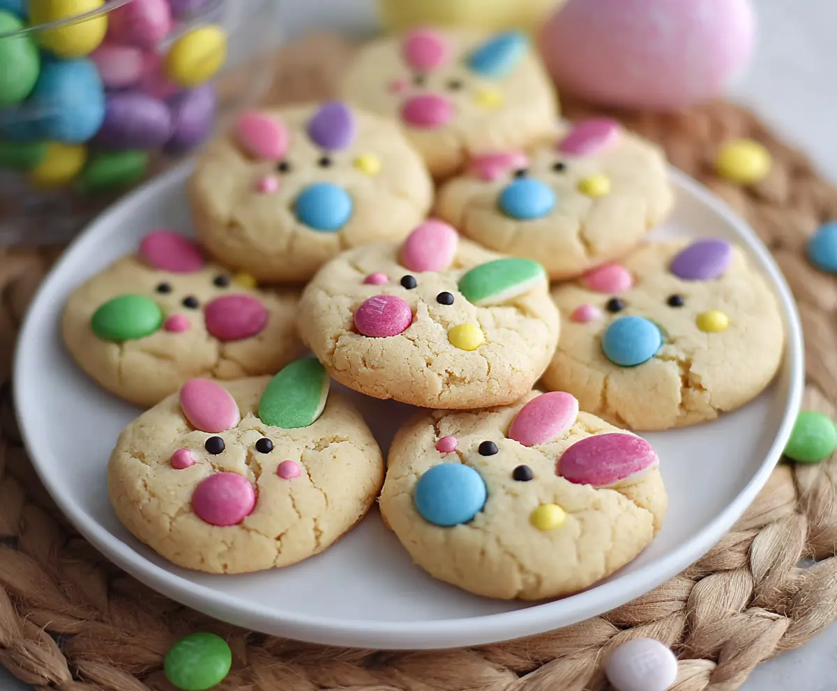 Easter Bunny M&M's Cookies with colorful chocolate candies and festive sprinkles