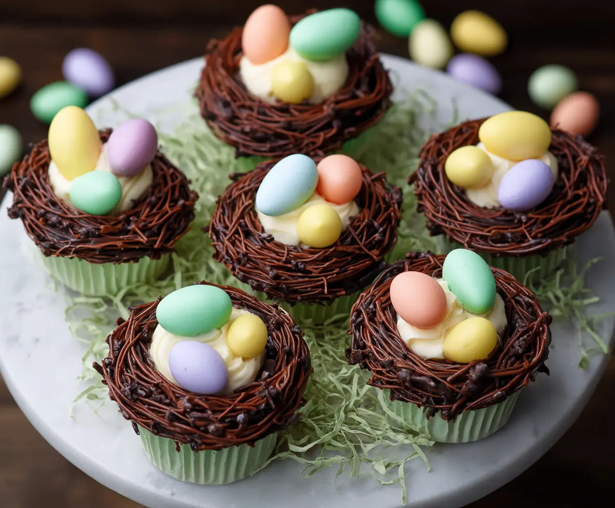 Delicious Easter Egg Nest Cupcakes decorated with colorful candies and chocolate nest details.