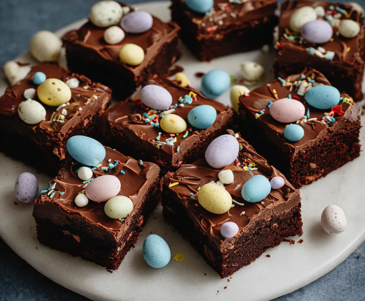 Frosted Mini Egg Easter Brownies with colorful toppings on a festive plate