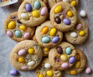 Delicious mini egg cookies with colorful chocolate eggs and a golden cookie base