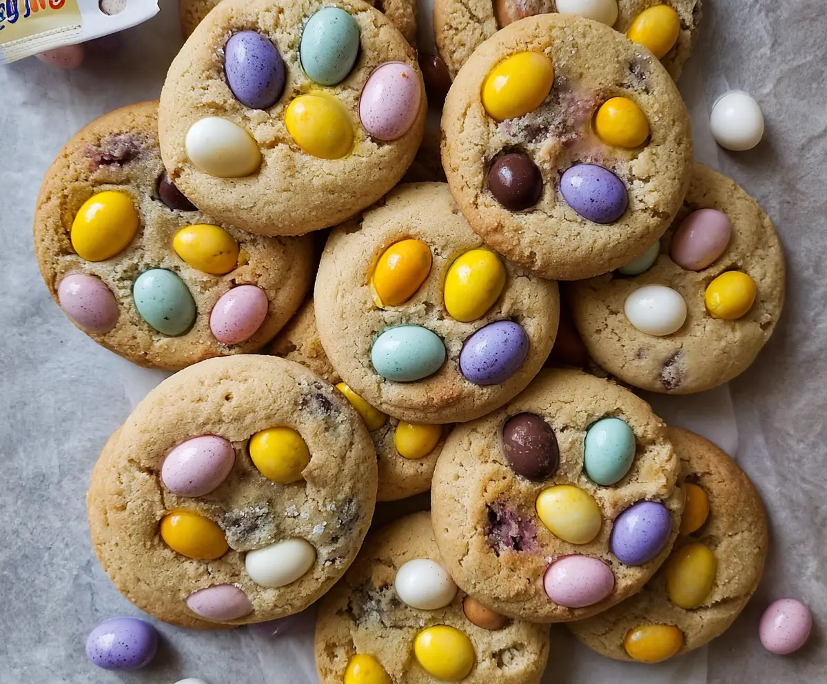 Delicious mini egg cookies with colorful chocolate eggs and a golden cookie base