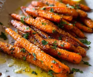 Delicious Parmesan Garlic Roasted Carrots on a white plate, garnished with fresh herbs.