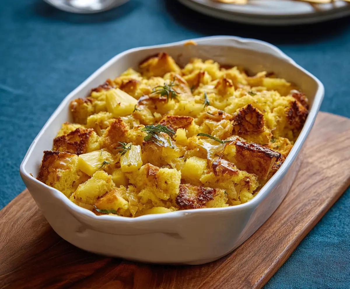 Delicious pineapple stuffing served in a bowl for a tropical holiday dish.