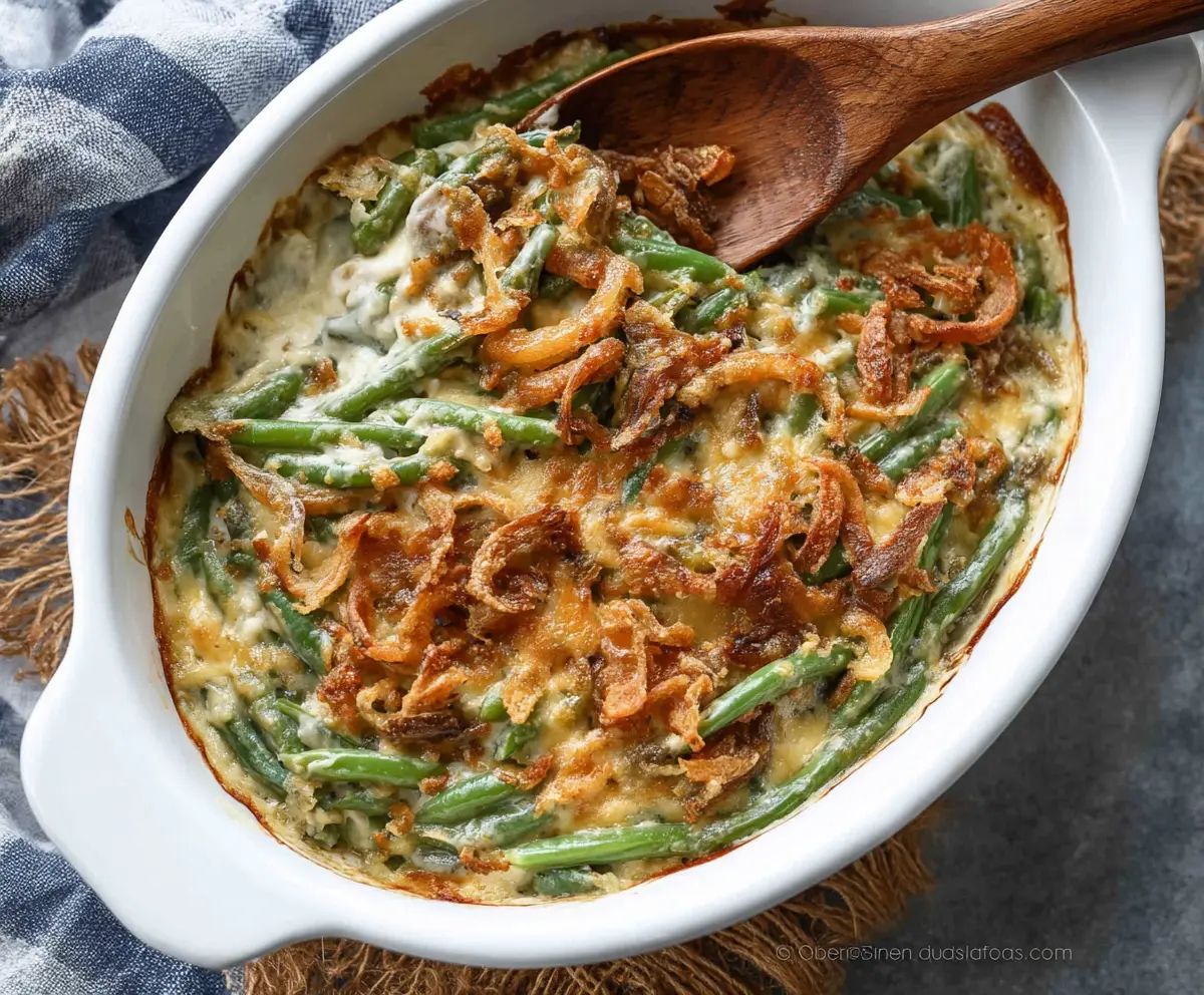 Delicious simple green bean casserole topped with crispy fried onions, perfect for holiday dinners.