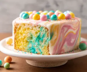 Colorful swirled Easter cake with vibrant icing and festive decorations, perfect for spring celebrations.